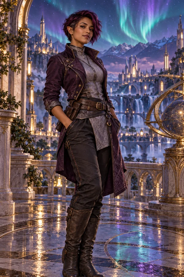 Aventurière de fantasy en veste violette sous une aurore boréale.