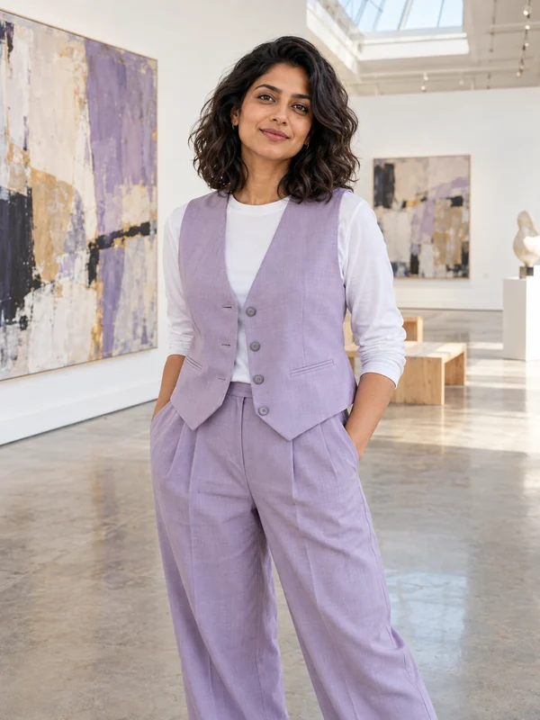 Femme en gilet et pantalon lavande debout dans une galerie d'art.