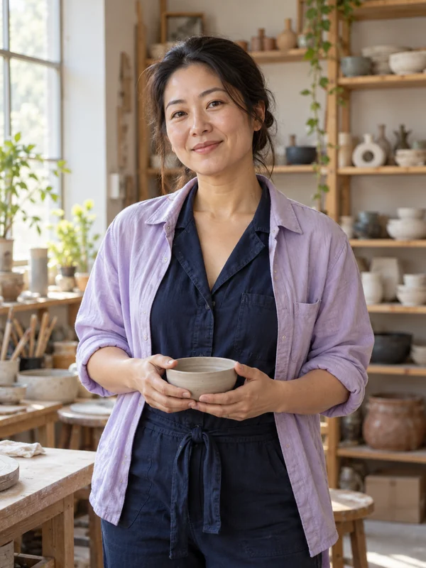Femme en combinaison bleu marine et surchemise lilas tenant un bol en céramique dans un atelier de poterie.