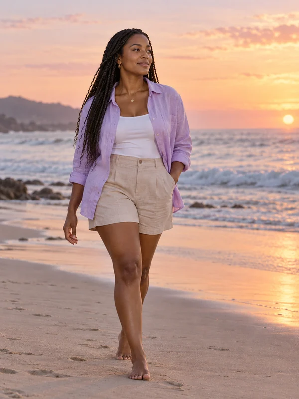 Femme en chemise lilas et short beige marchant sur une plage au lever du soleil.