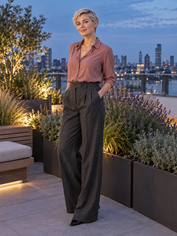 Femme aux cheveux blonds courts, en chemisier rose et pantalon anthracite, dans un jardin sur le toit au crépuscule.