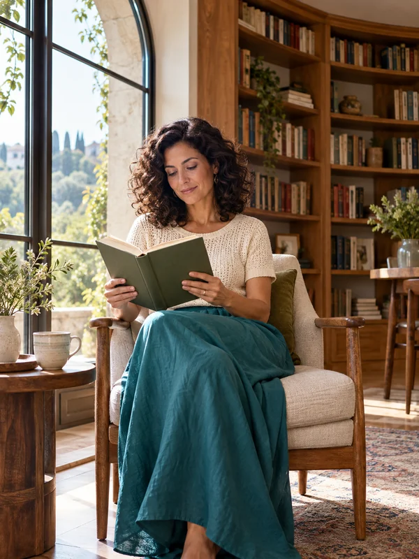 Femme en haut en maille crème et jupe bleu-vert lisant un livre près d'une fenêtre de bibliothèque.