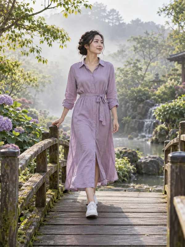 Femme en robe-chemise lavande et baskets blanches sur un pont en bois dans un jardin.